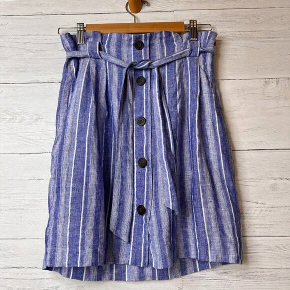 H&M Skirt Size Large Blue & White Linen Blend Striped Faux Buttons Belted Mini - Picture 1 of 16